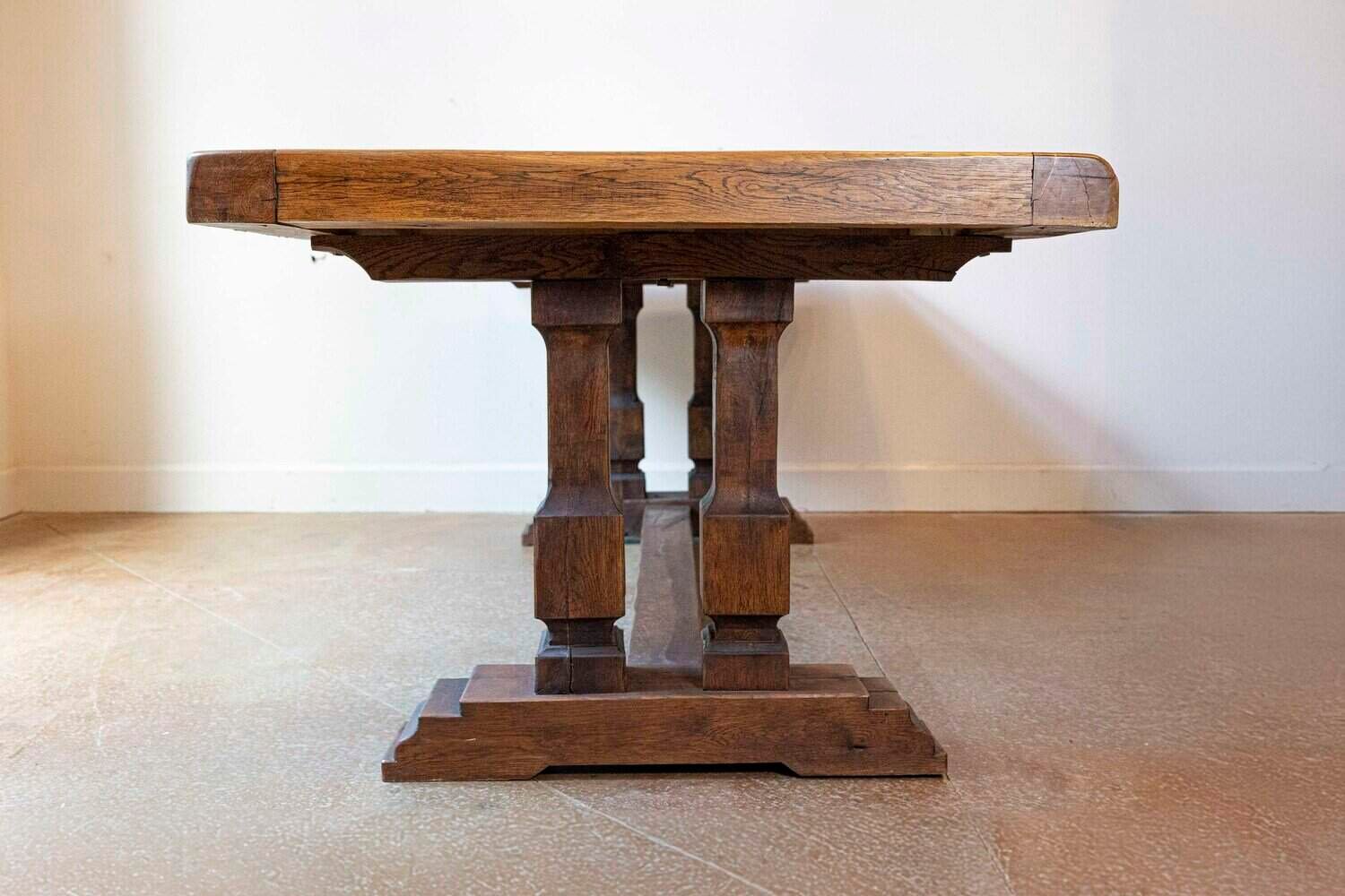 Southern French Brutalist Oak Dining Trestle Table with Terracotta Inset Top - JAA