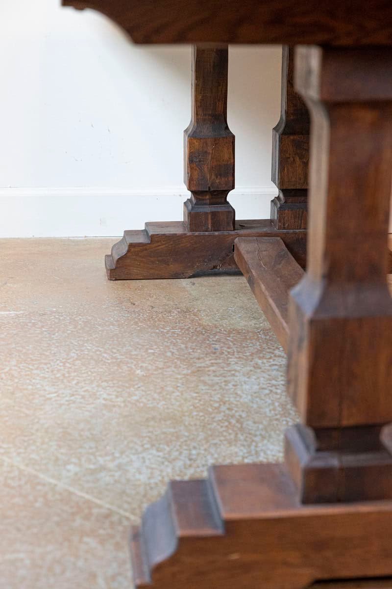 Southern French Brutalist Oak Dining Trestle Table with Terracotta Inset Top - JAA