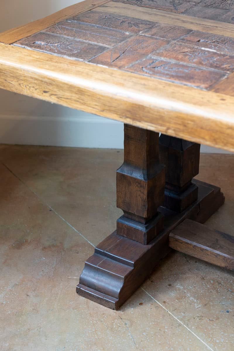 Southern French Brutalist Oak Dining Trestle Table with Terracotta Inset Top - JAA