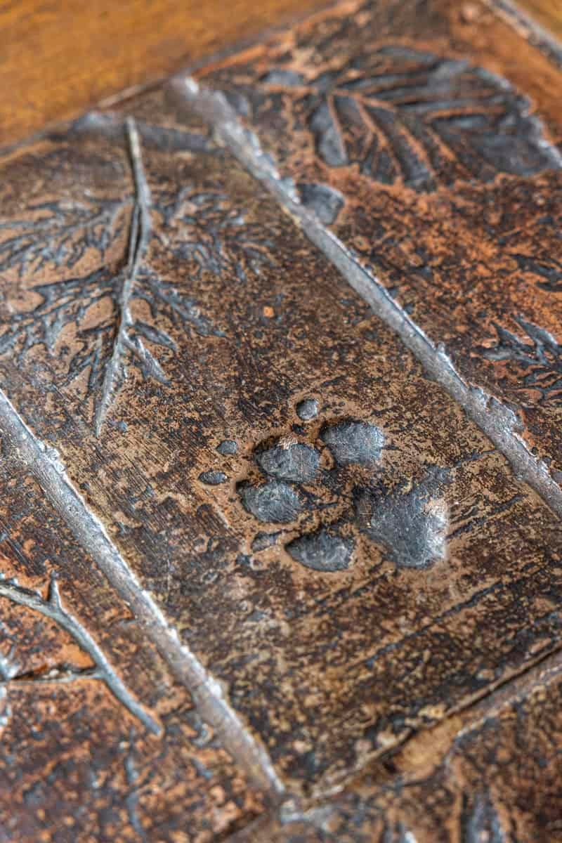 Southern French Brutalist Oak Dining Trestle Table with Terracotta Inset Top - JAA