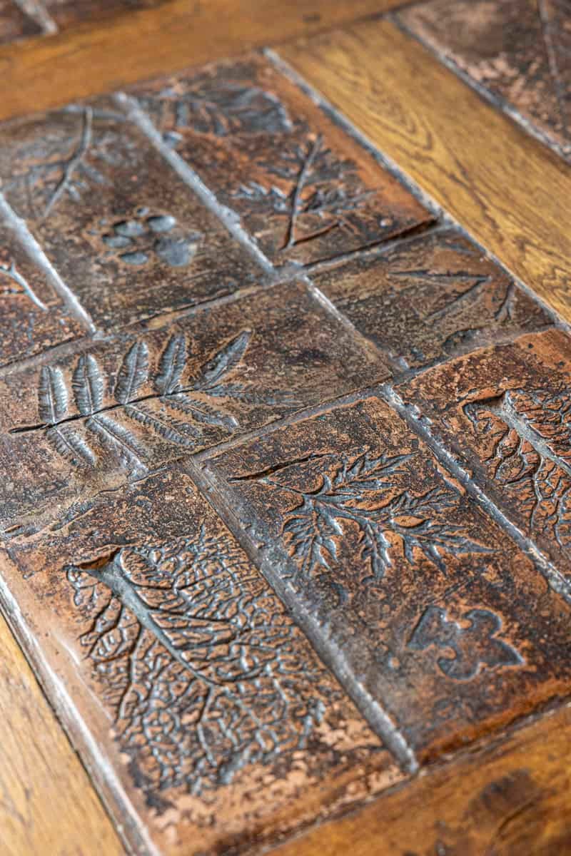 Southern French Brutalist Oak Dining Trestle Table with Terracotta Inset Top - JAA