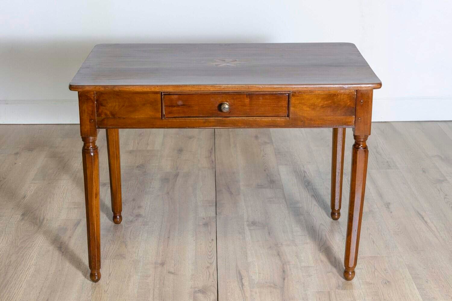 Italian 1890s Walnut Side Table with Elm Marquetry Star, Drawer and Turned Legs - JAA