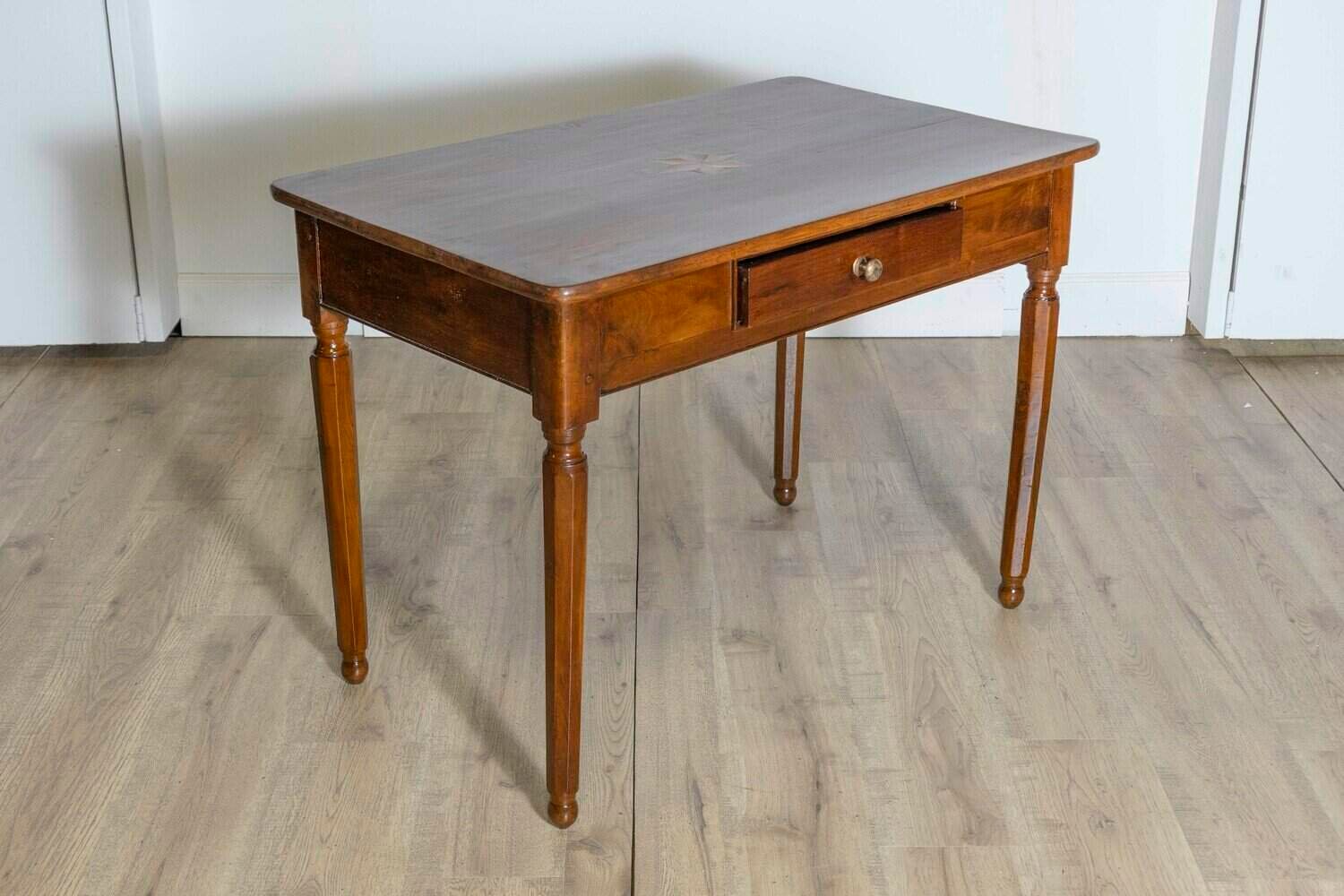 Italian 1890s Walnut Side Table with Elm Marquetry Star, Drawer and Turned Legs - JAA