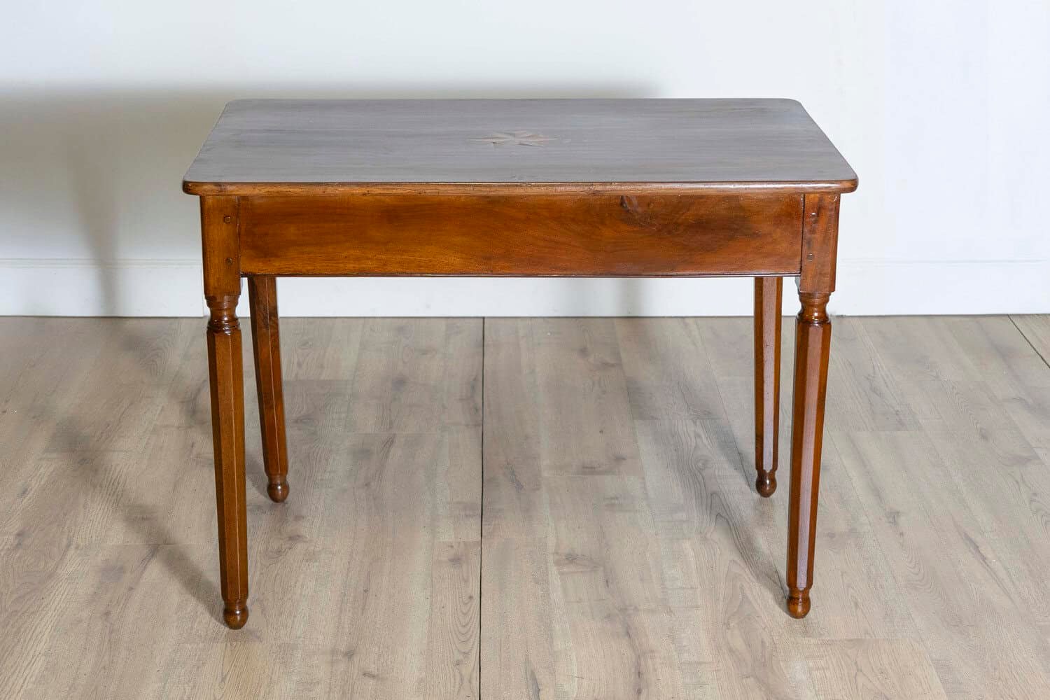 Italian 1890s Walnut Side Table with Elm Marquetry Star, Drawer and Turned Legs - JAA