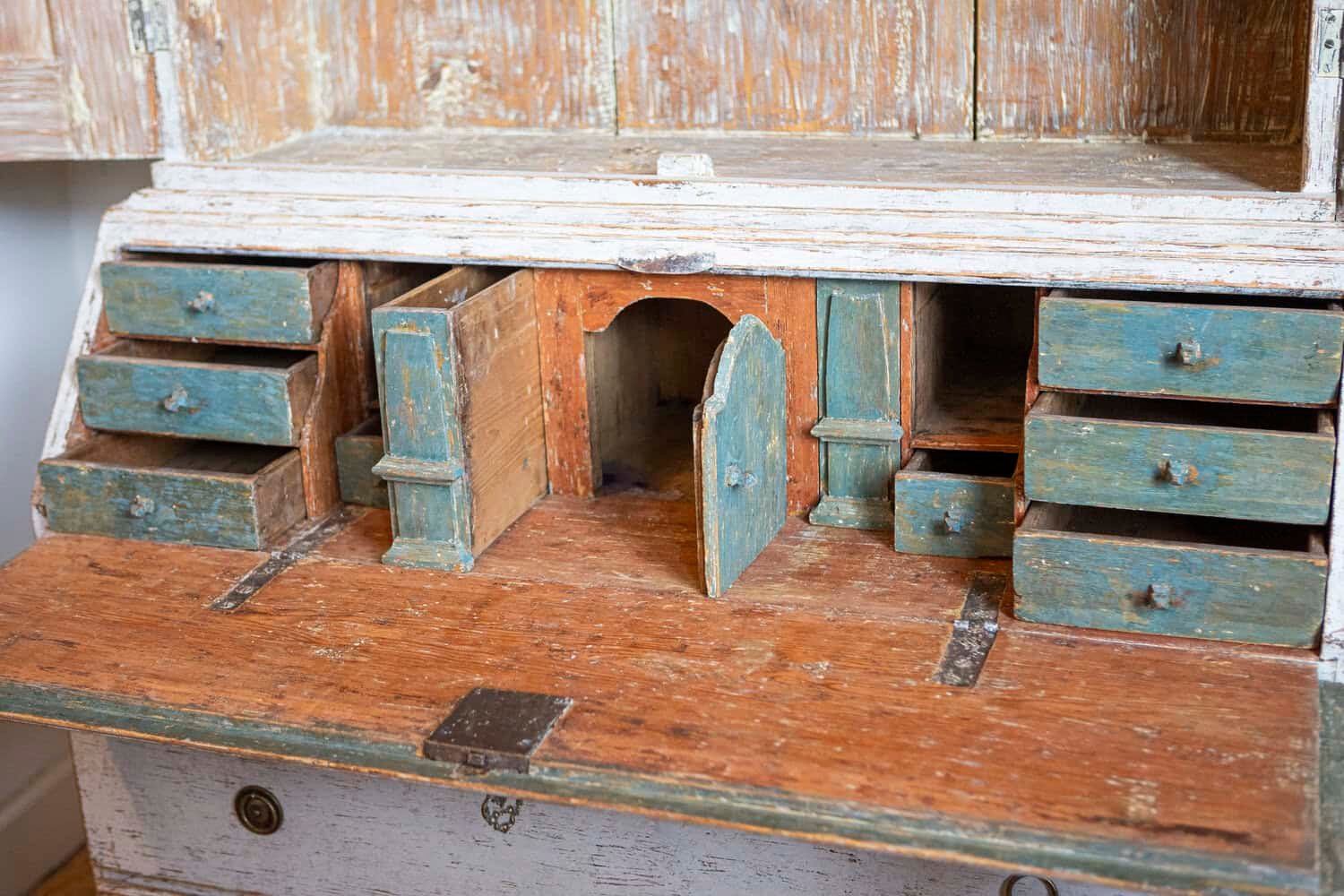 Swedish Rococo Style Chapeau de Gendarme 1820s Gray Painted Tall Secretary - JAA