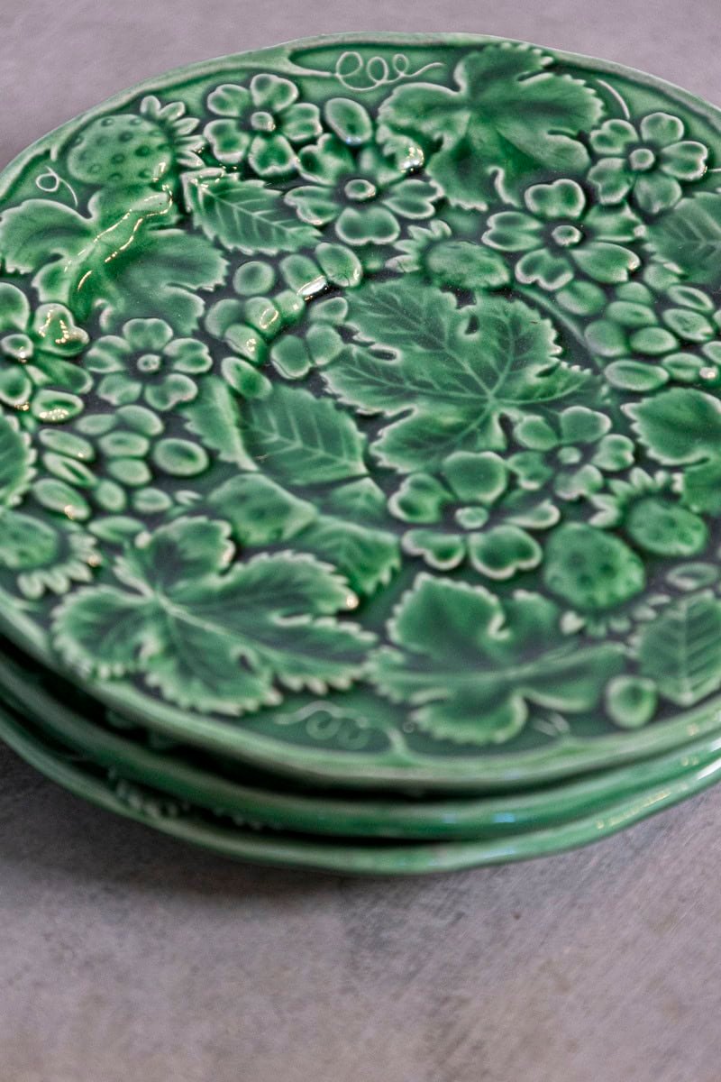 Set of Nine Green Glazed Porcelain Pieces with Eight Plates and Single Compote - JAA