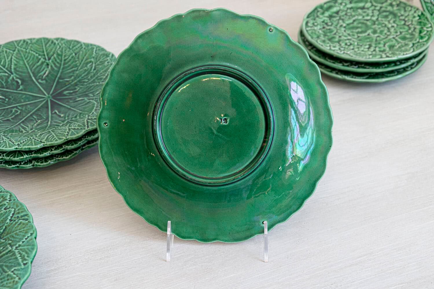 Set of Nine Green Glazed Porcelain Pieces with Eight Plates and Single Compote - JAA