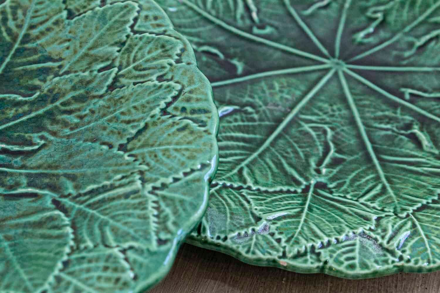 Set of Nine Green Glazed Porcelain Pieces with Eight Plates and Single Compote - JAA