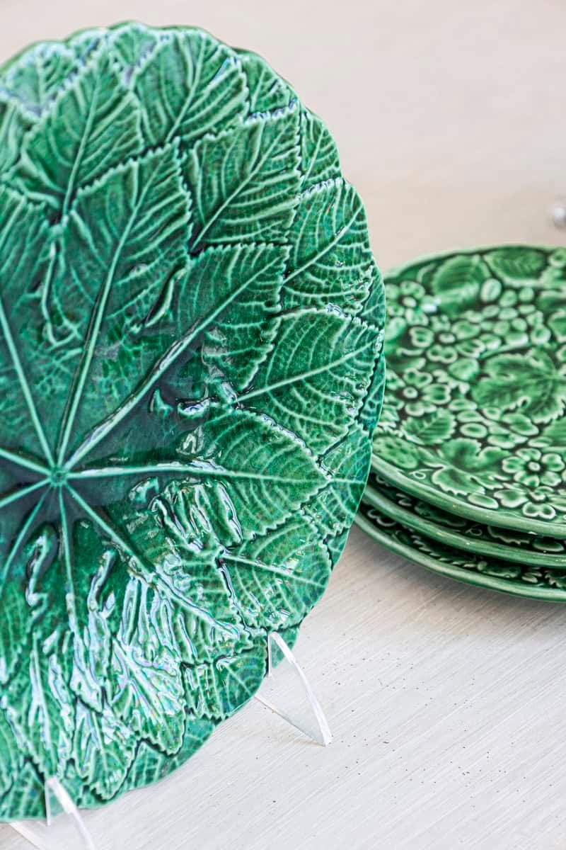 Set of Nine Green Glazed Porcelain Pieces with Eight Plates and Single Compote - JAA