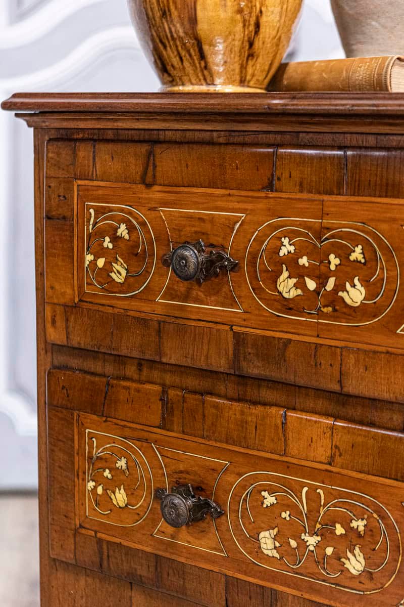 18th Century Italian Walnut, Mahogany and Ash Two-Drawer Commode with Marquetry - JAA