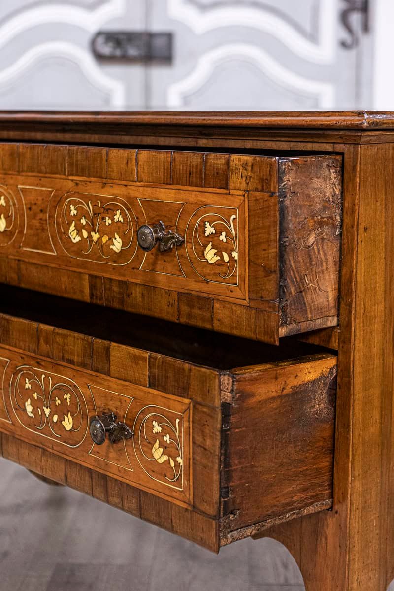 18th Century Italian Walnut, Mahogany and Ash Two-Drawer Commode with Marquetry - JAA