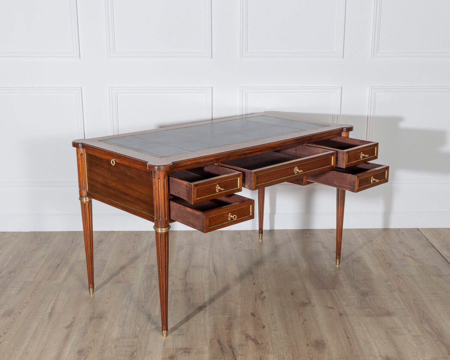 Louis XVI Style Mahogany Flat Desk with Leather Top and Extensions - JAA