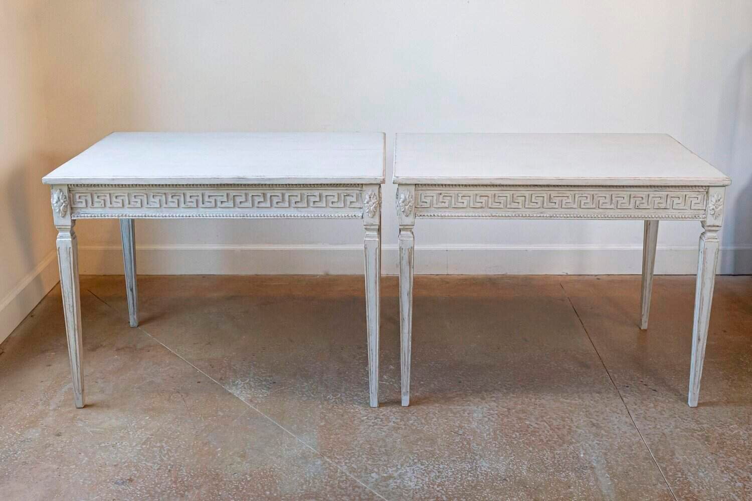 Pair of Swedish Neoclassical Style 1880s Painted Tables with Greek Key Friezes - JAA