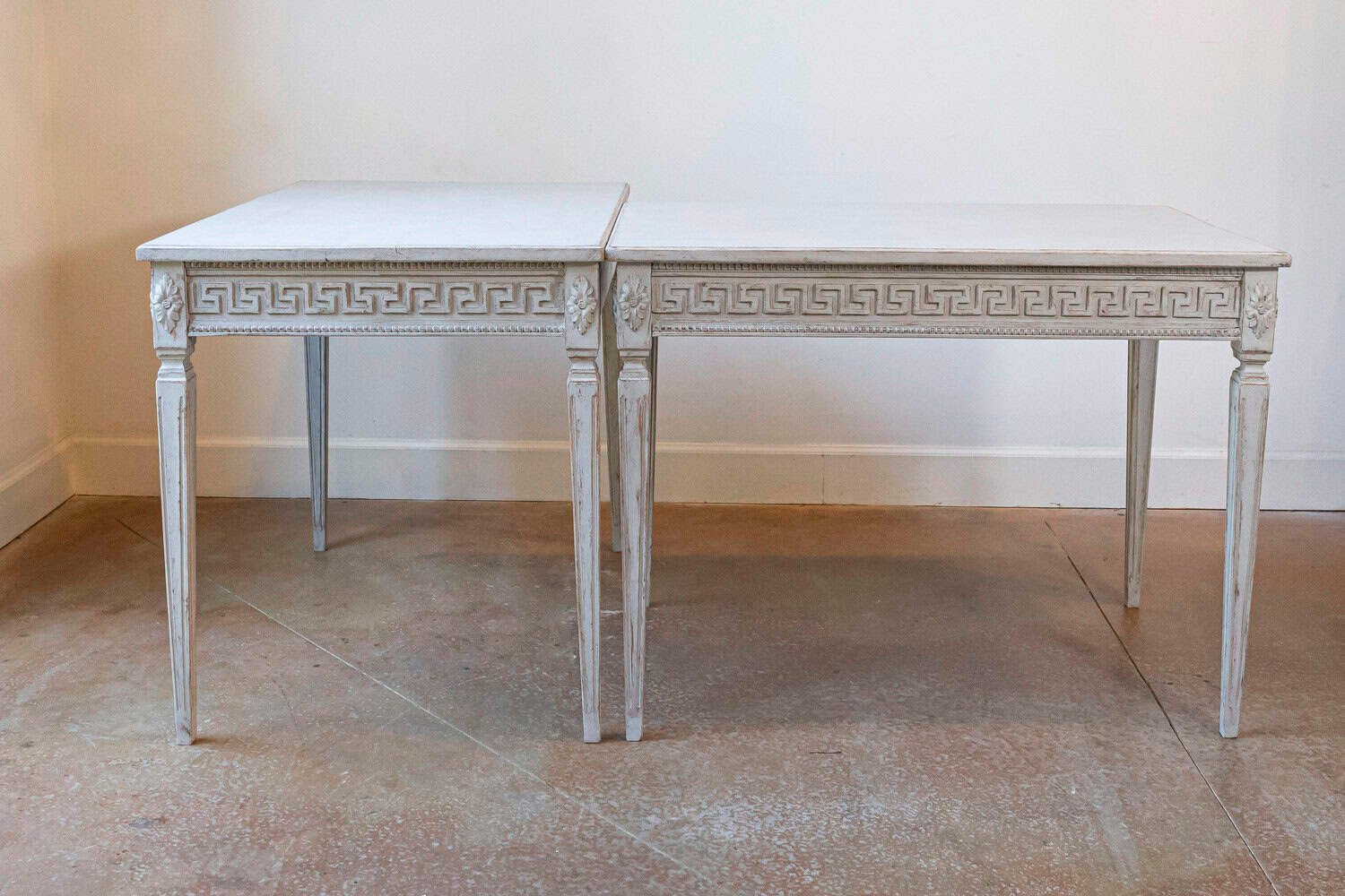 Pair of Swedish Neoclassical Style 1880s Painted Tables with Greek Key Friezes - JAA