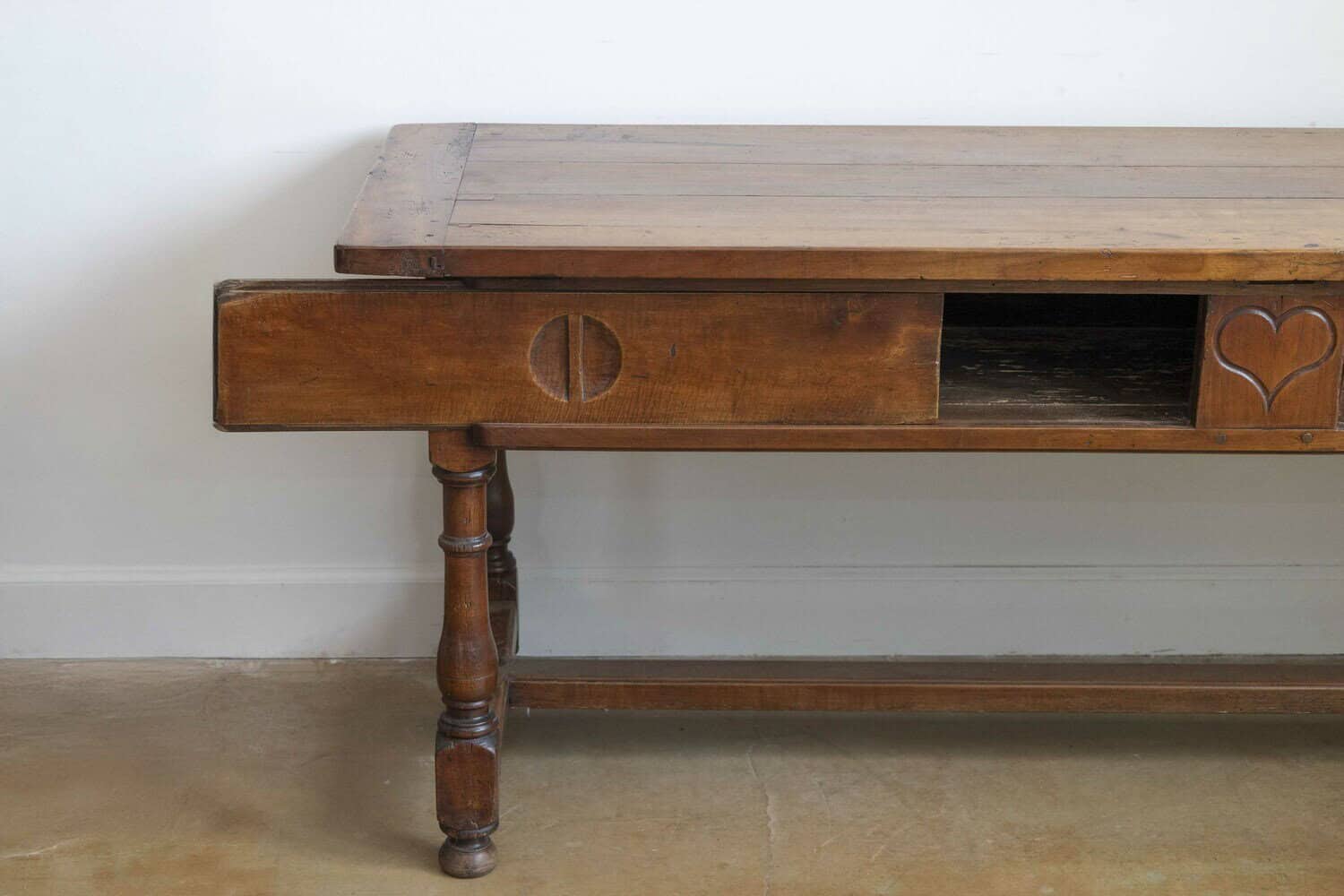 French Louis XVI Period 1790s Farm Table with Sliding Panels and Carved Heart - JAA