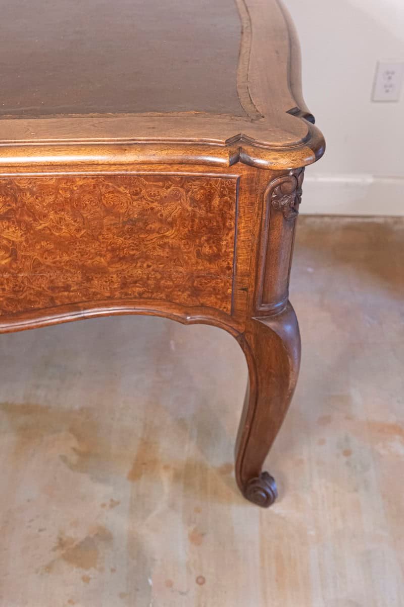 French Louis XV Style 19th Century Burr Walnut and Leather Top Four-Drawer Desk - JAA