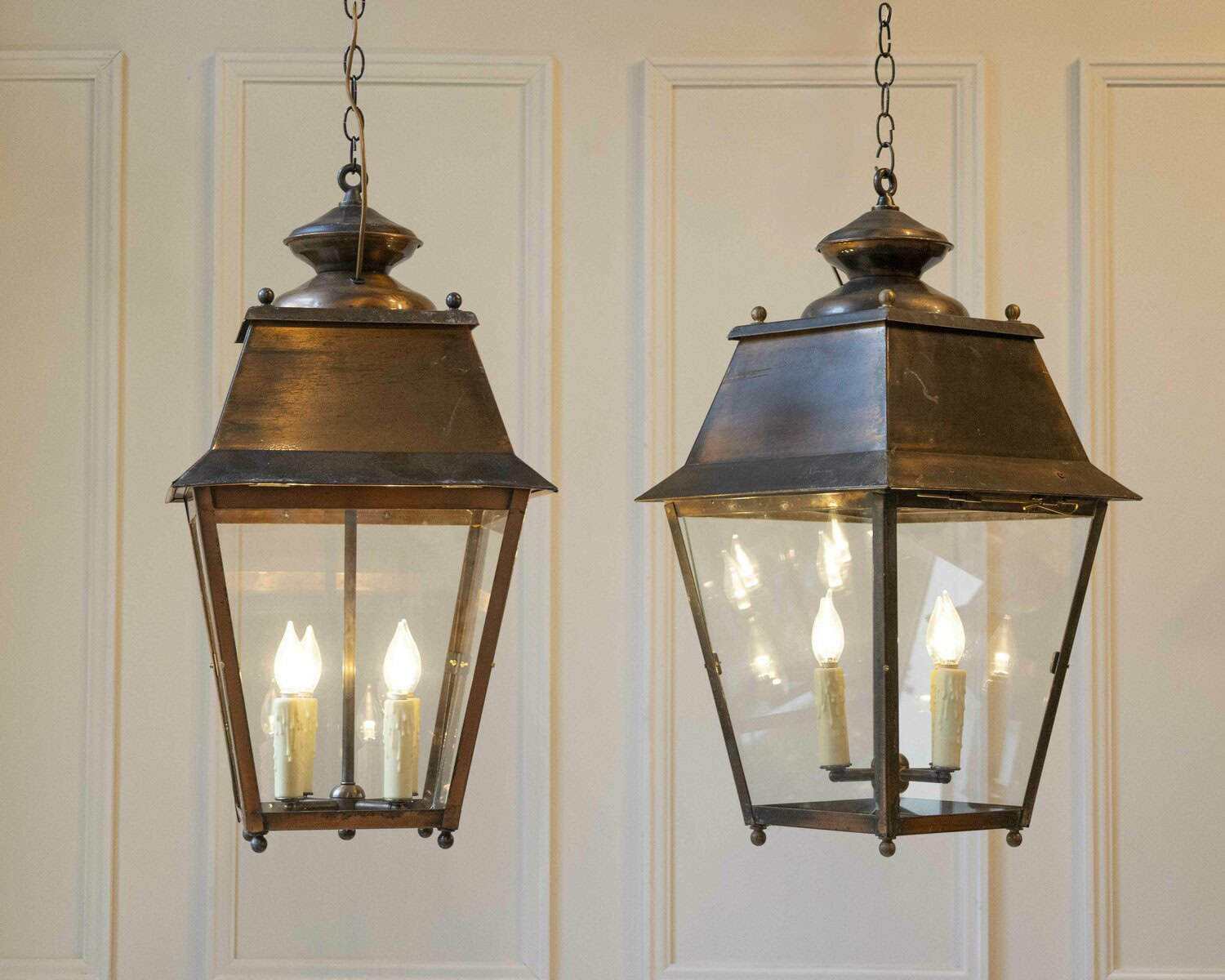 Pair of Early 20th-Century French Copper Hanging Lanterns - JAA