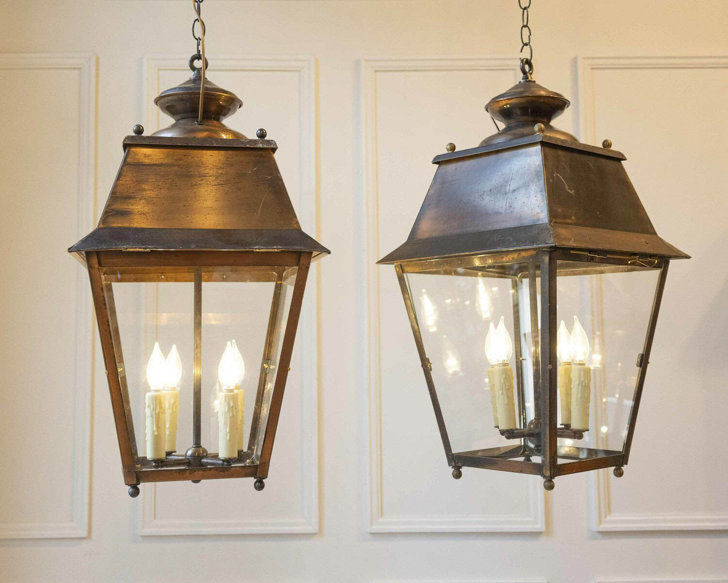 Pair of Early 20th-Century French Copper Hanging Lanterns - JAA