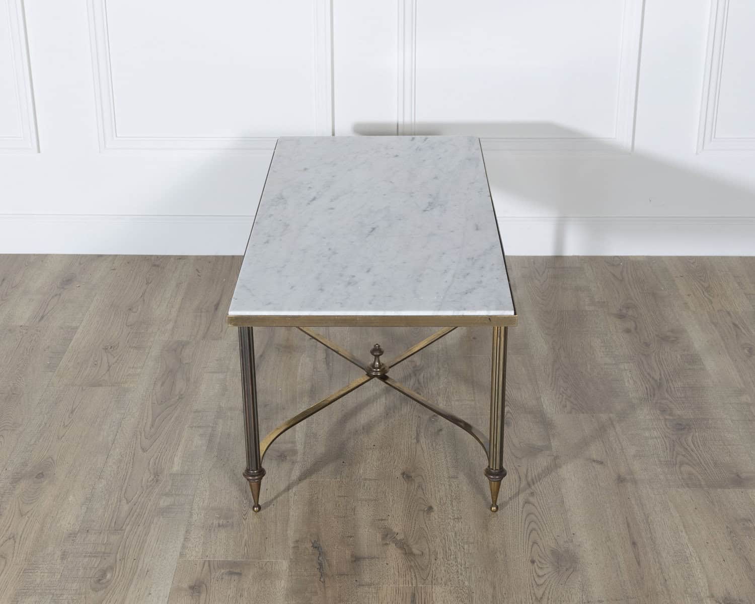 Mid-Century French Coffee Table by Maison Baguès with White Marble Top and Brass Base - JAA