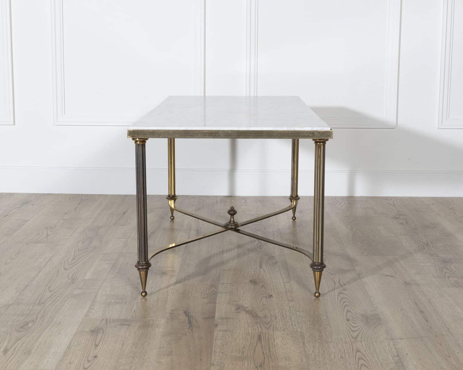Mid-Century French Coffee Table by Maison Baguès with White Marble Top and Brass Base - JAA