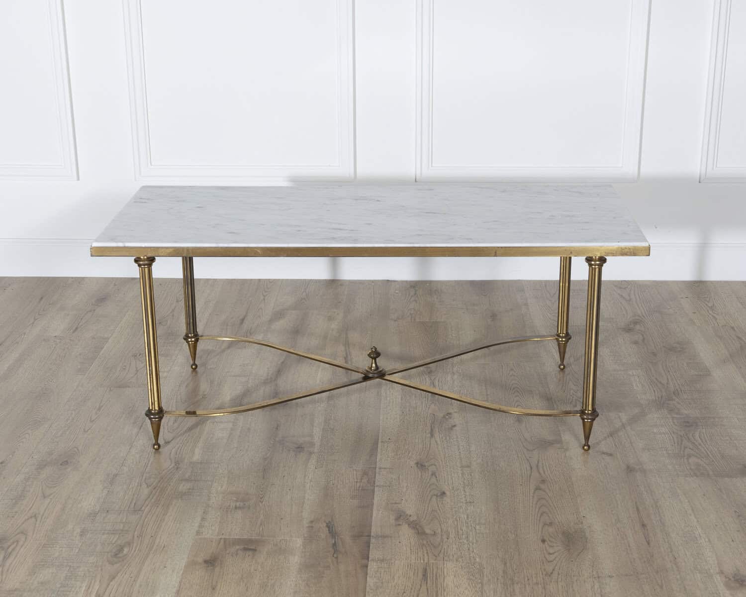 Mid-Century French Coffee Table by Maison Baguès with White Marble Top and Brass Base - JAA