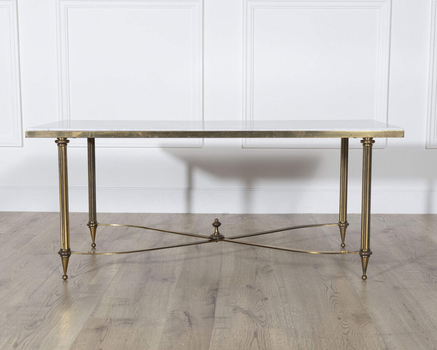Mid-Century French Coffee Table by Maison Baguès with White Marble Top and Brass Base - JAA