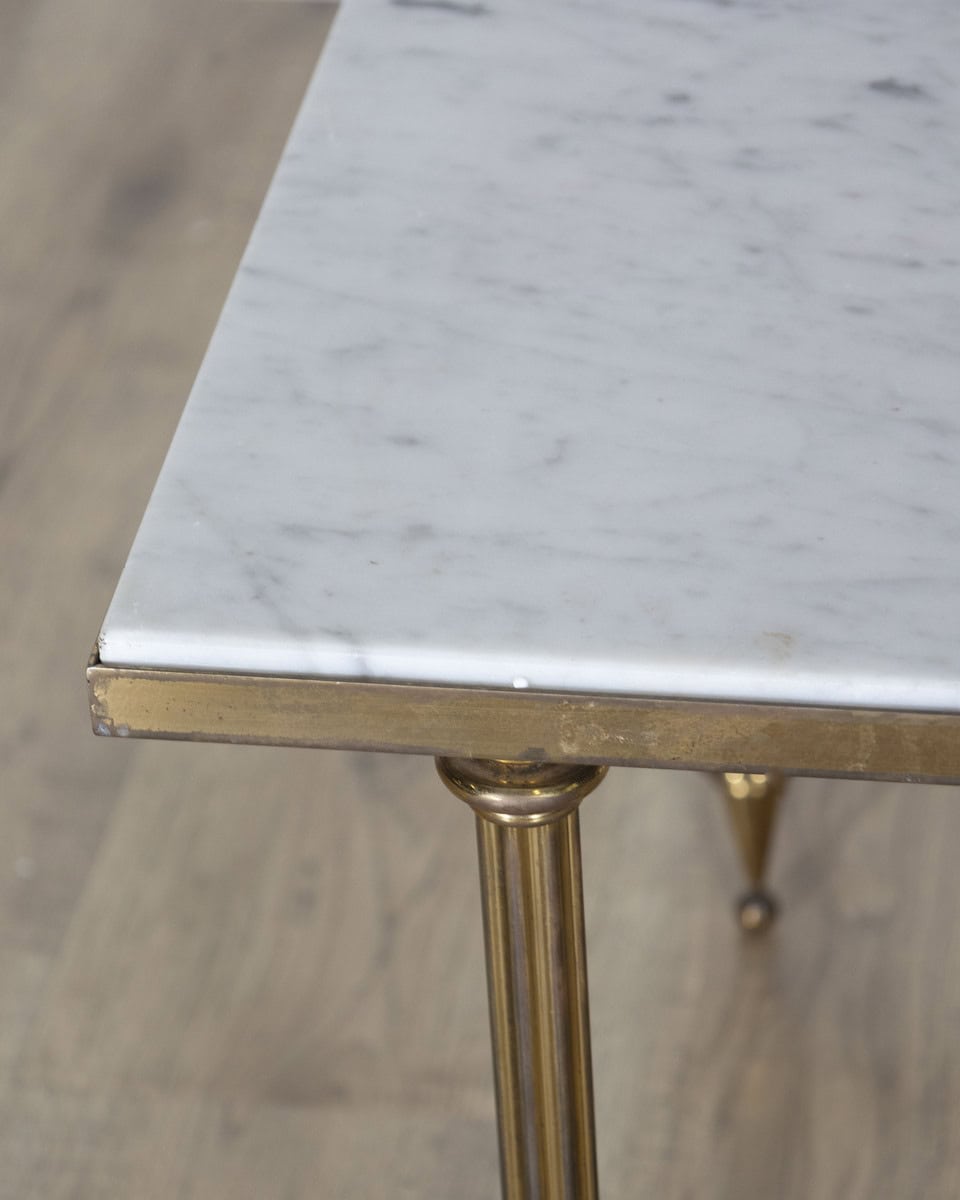 Mid-Century French Coffee Table by Maison Baguès with White Marble Top and Brass Base - JAA