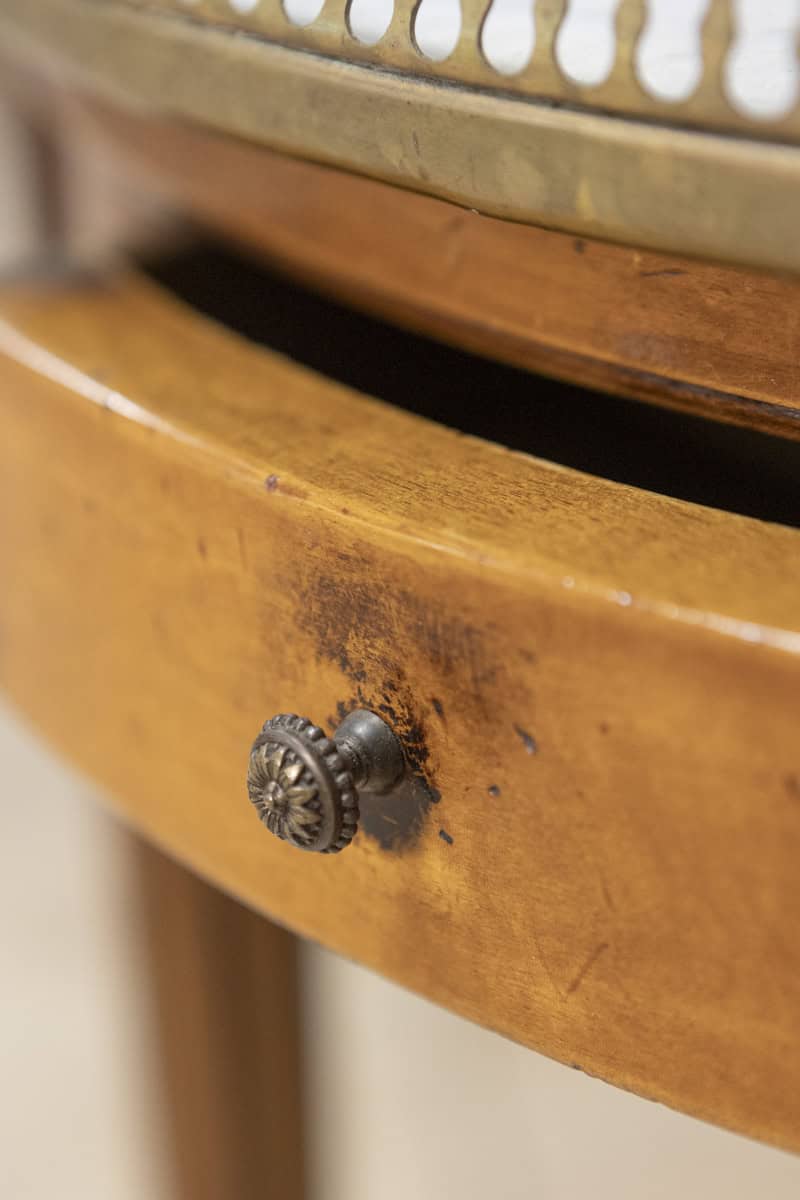 French Louis XVI Style Walnut Bouillotte Table with Marble Top and Brass Gallery - JAA