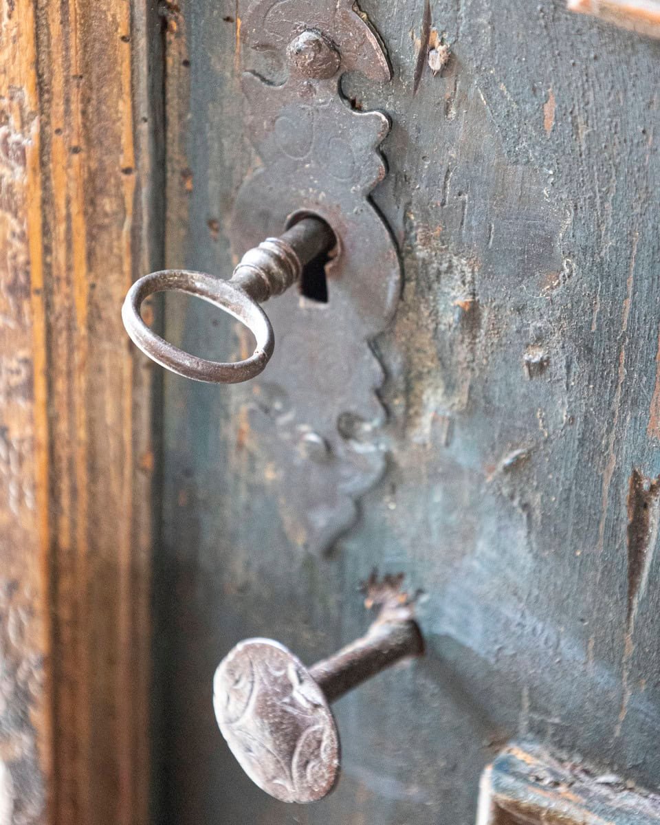 Alpine Blue Painted Wardrobe with Floral Panels, 19th Century - JAA