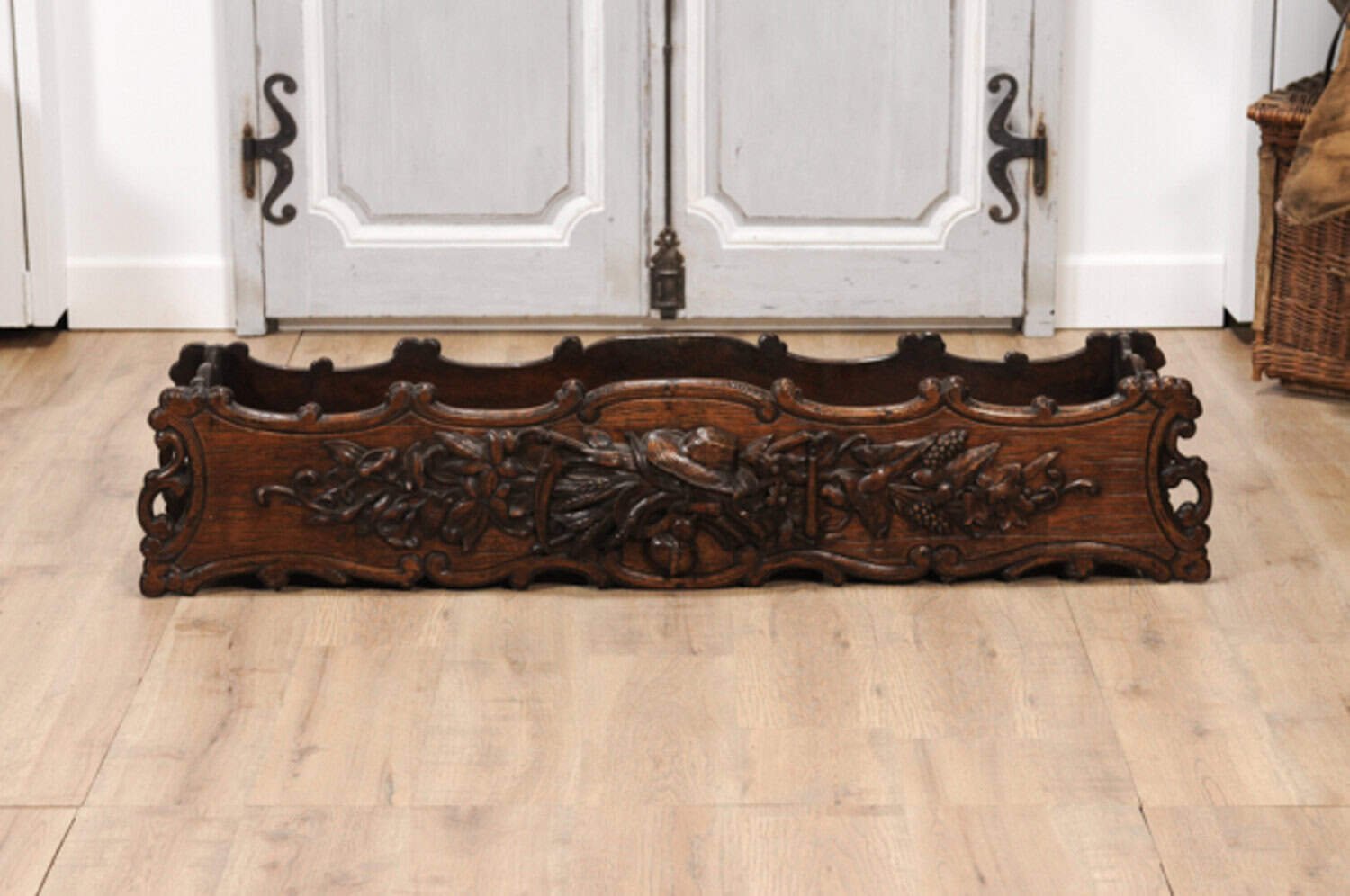 1890s French Oak Planter with Carved Gardening Themed Frieze - JAA