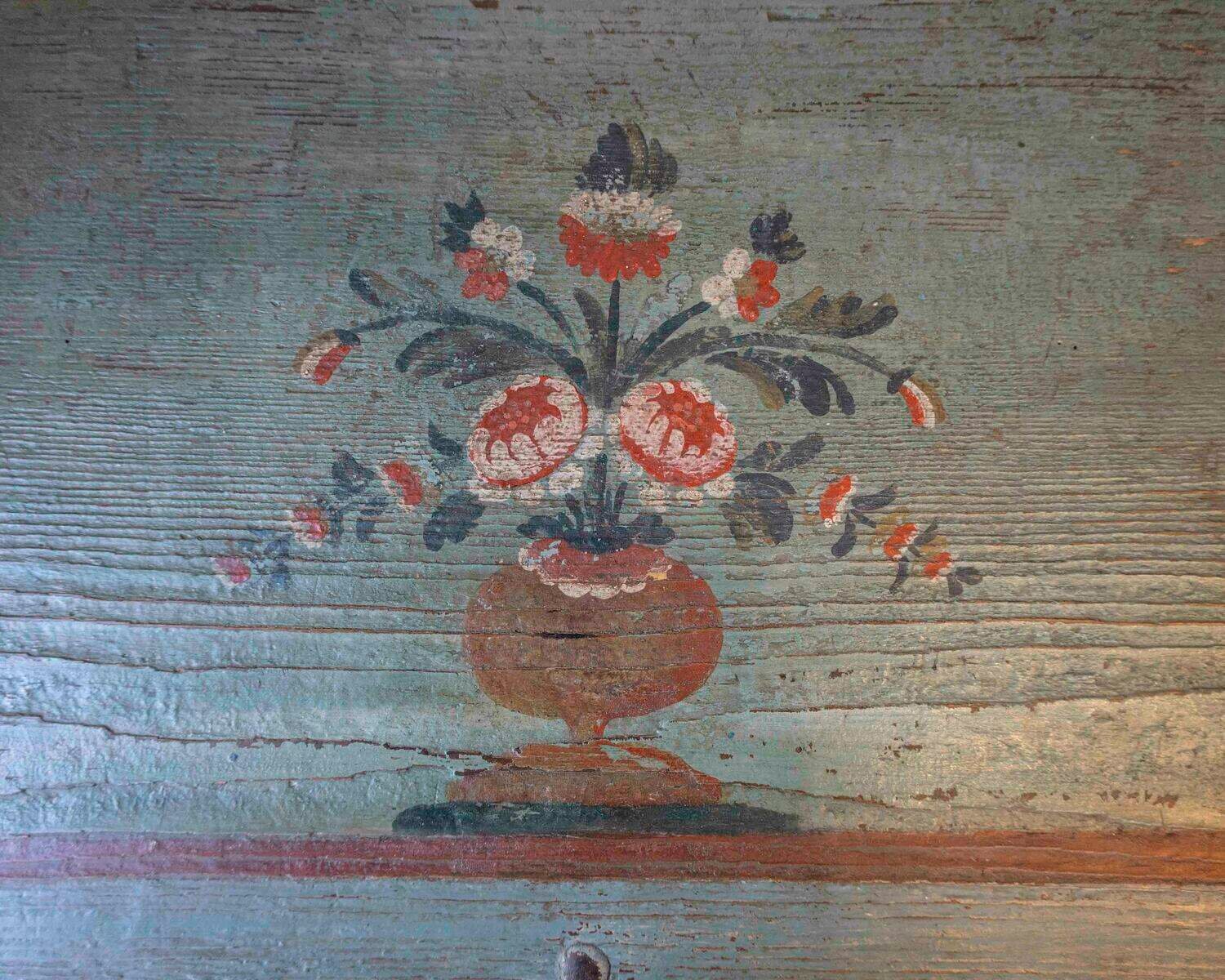 Early 19th-Century Alpine Painted Chest in Fir with Floral Decoration - JAA