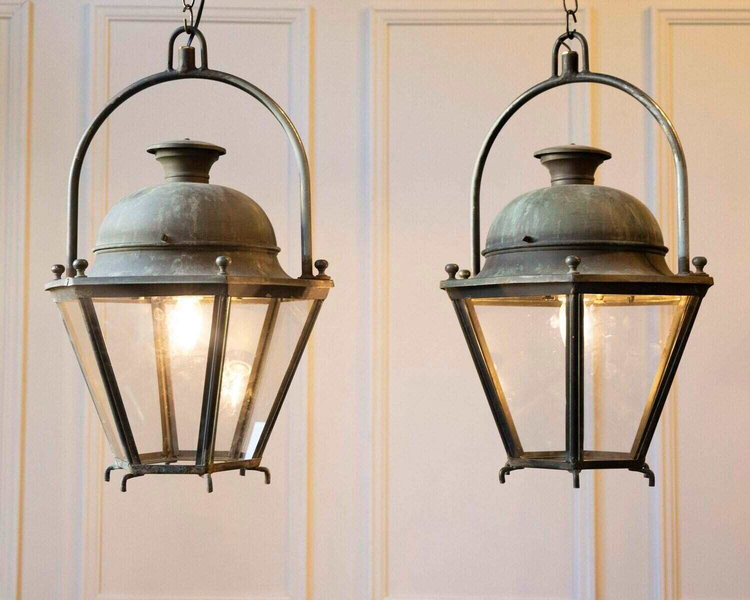 Pair of Hexagonal Copper Lanterns with Domed Tops - JAA