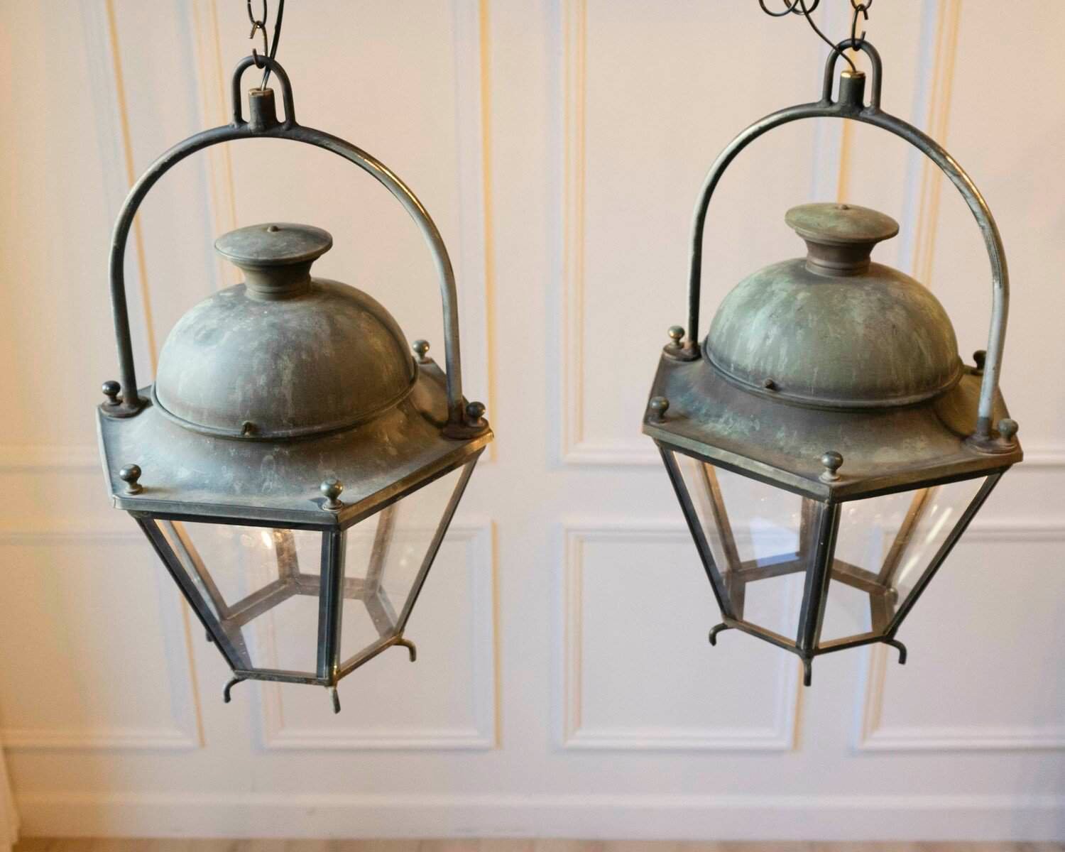 Pair of Hexagonal Copper Lanterns with Domed Tops - JAA