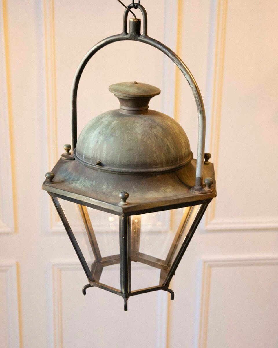Pair of Hexagonal Copper Lanterns with Domed Tops - JAA