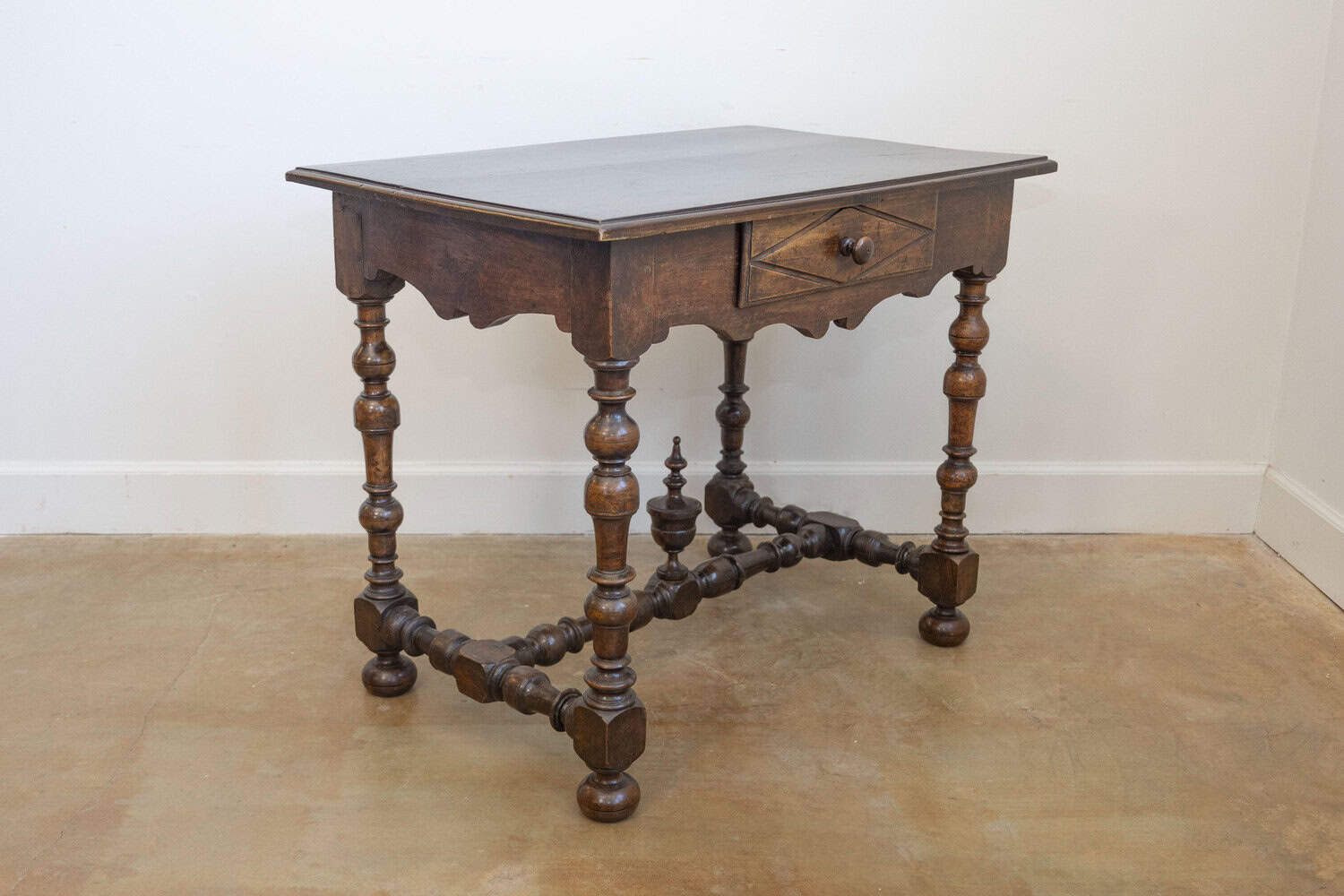 French Louis XIII Period Walnut Side Table with Baluster Legs and Carved Finial - JAA