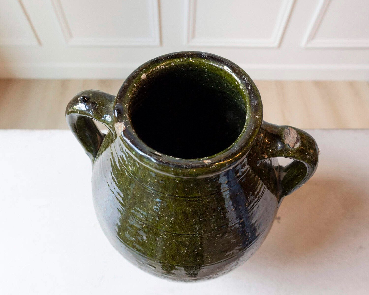 19th Century Mediterranean Olive Green Terracotta Jar with Double Handles - JAA