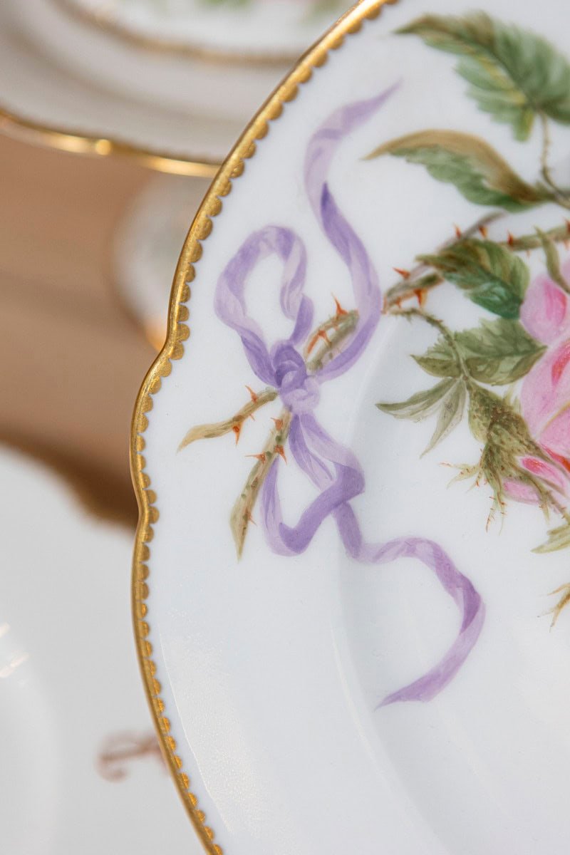 English Porcelain Compote with Pink Flowers, Purple Ribbons and Gilt Trim - JAA
