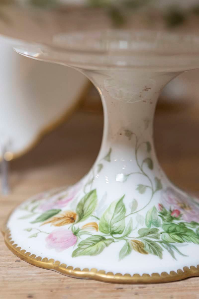 English Porcelain Compote with Pink Flowers, Purple Ribbons and Gilt Trim - JAA