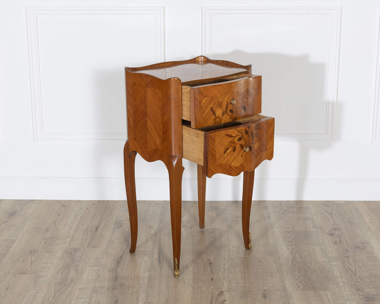 Pair of Louis XV Style Marquetry Bedside Tables with Floral Inlay - JAA
