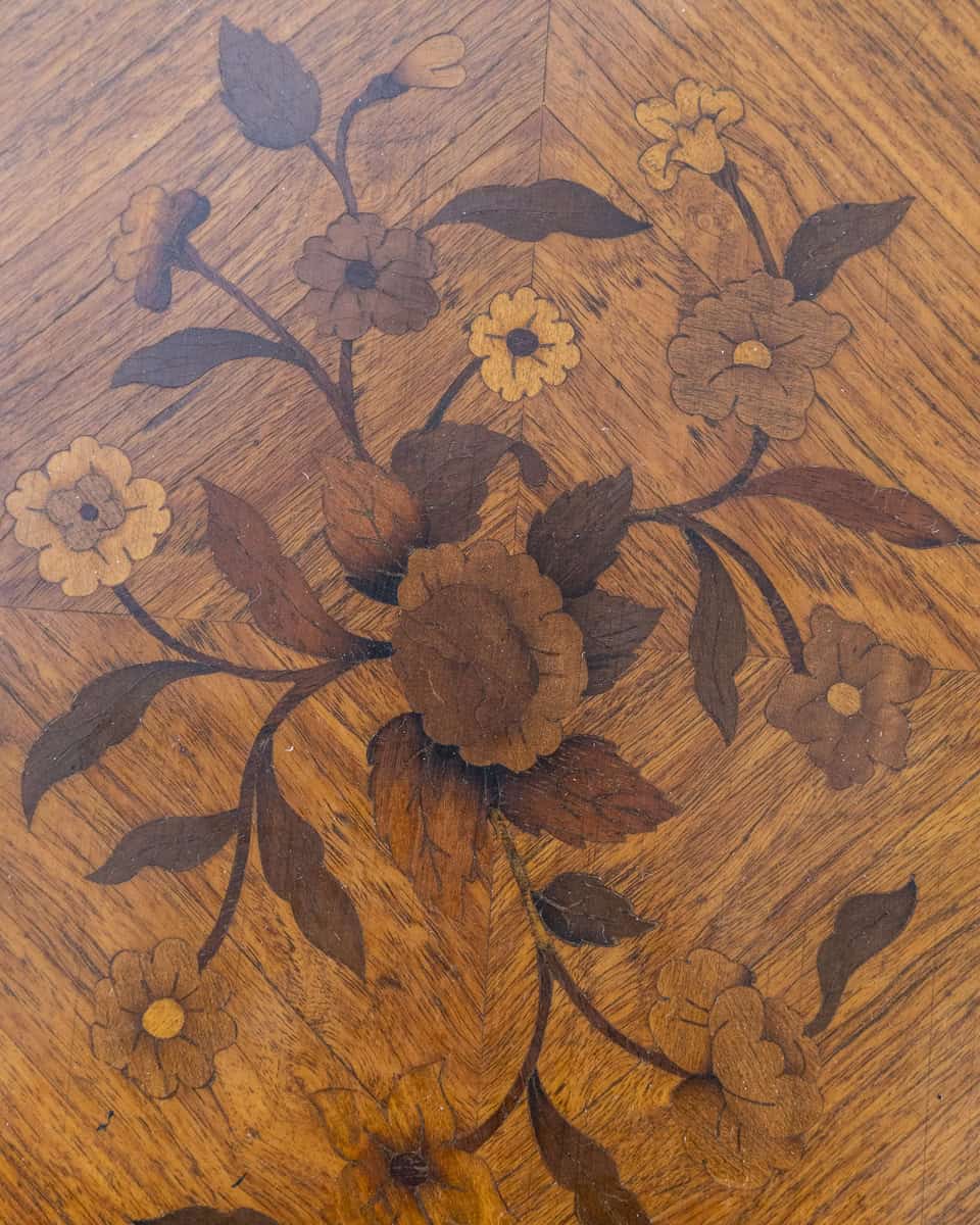 Pair of Louis XV Style Marquetry Bedside Tables with Floral Inlay - JAA