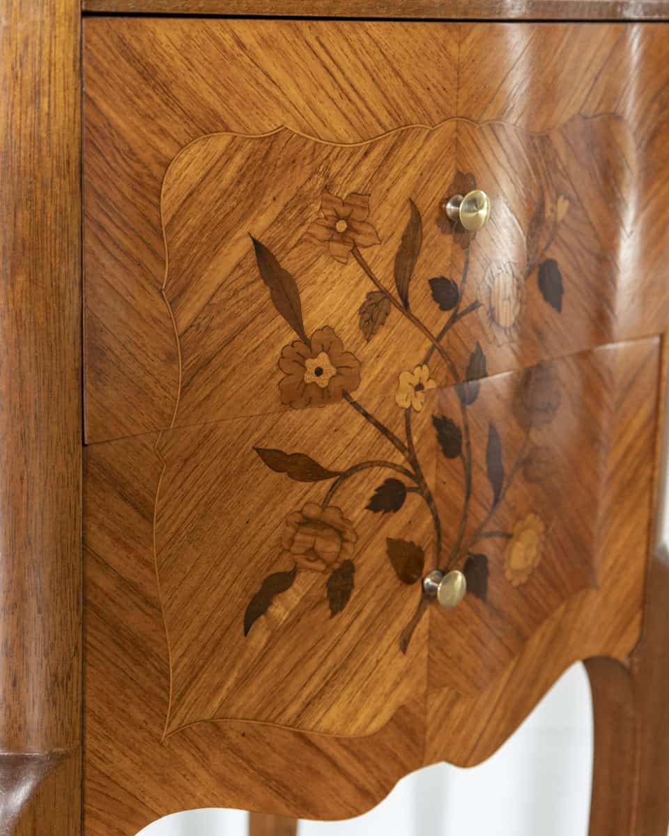Pair of Louis XV Style Marquetry Bedside Tables with Floral Inlay - JAA