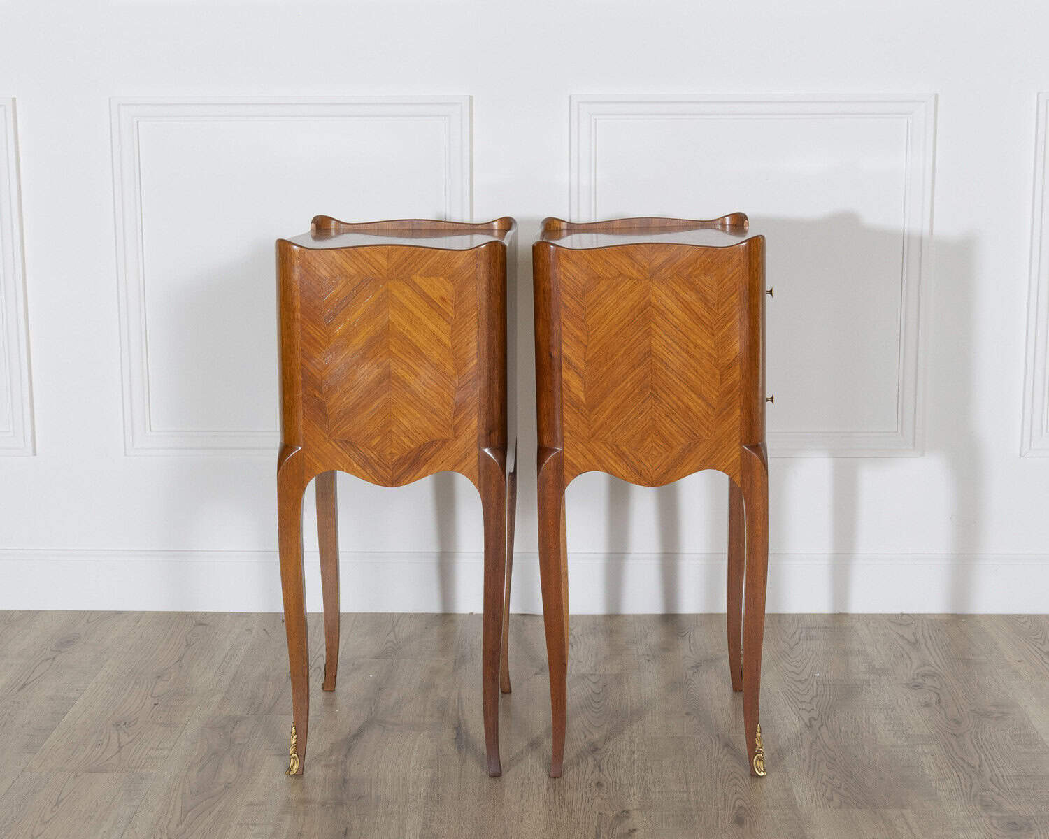 Pair of Louis XV Style Marquetry Bedside Tables with Floral Inlay - JAA
