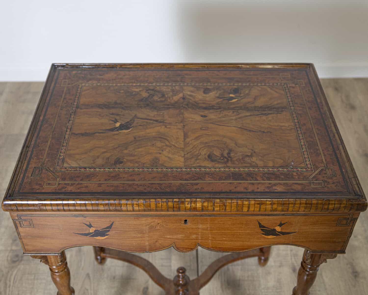 Tuscan Inlaid Walnut Side Table with Swallow Motif, Late 19th Century - JAA