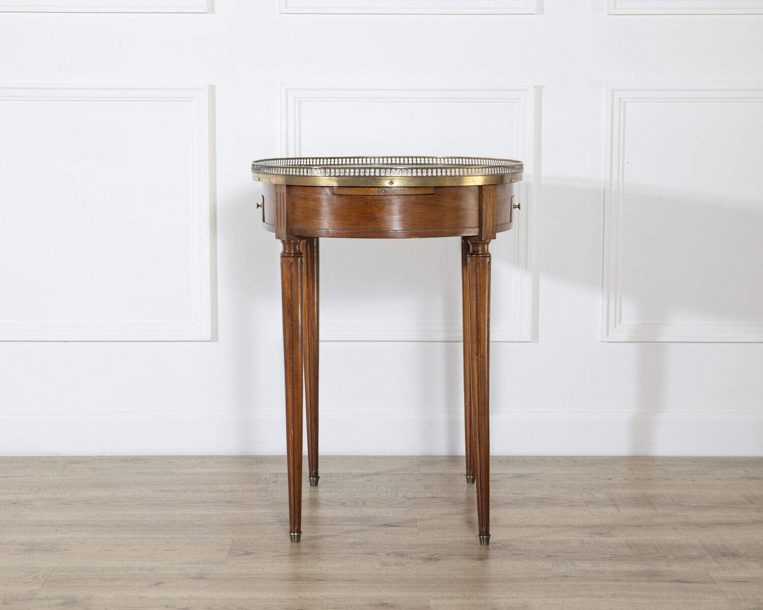 Louis XVI–Style Bouillotte Table with Marble Top and Brass Gallery - JAA