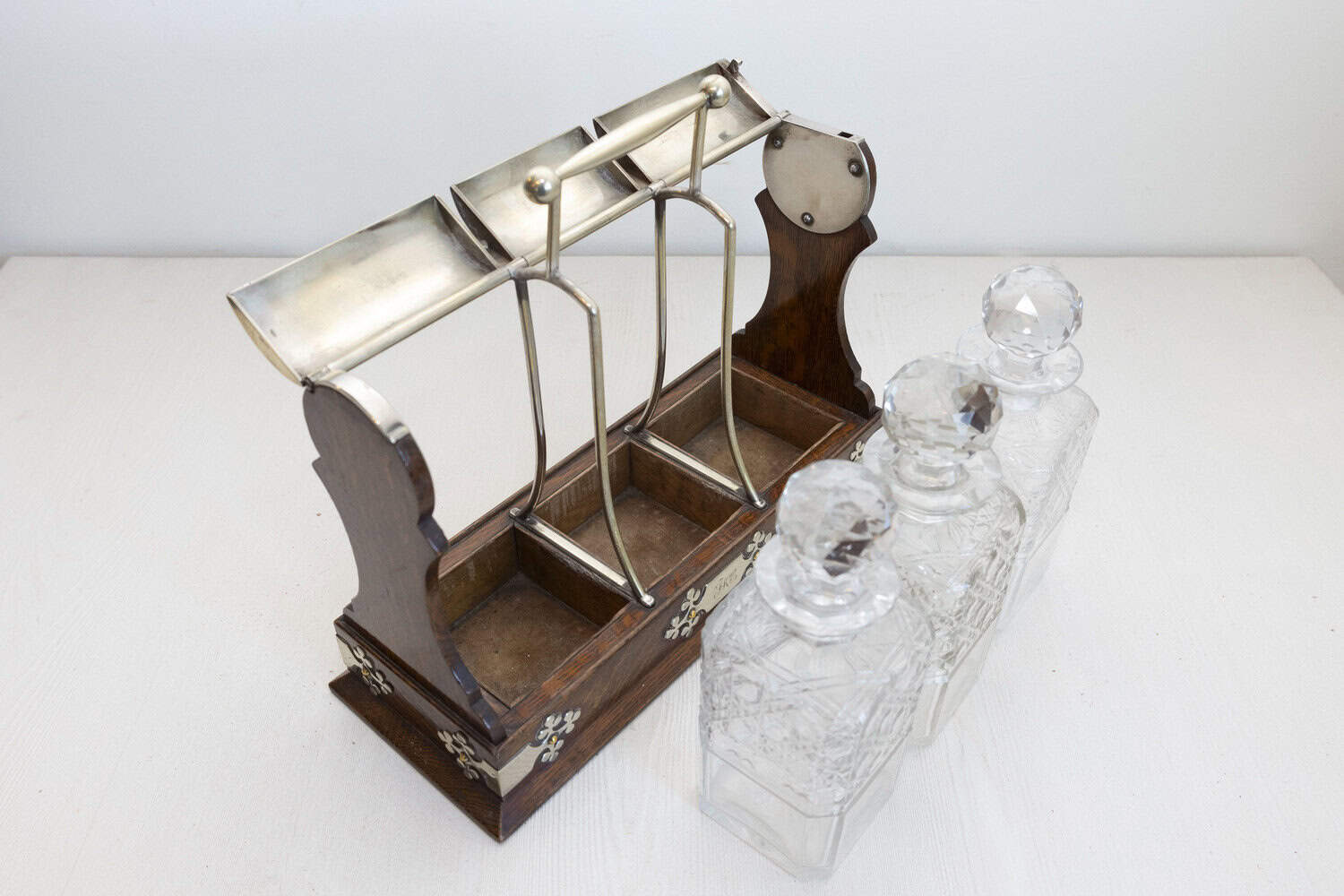 English 19th Century Victorian Locking Tantalus with Three Cut Glass Decanters - JAA