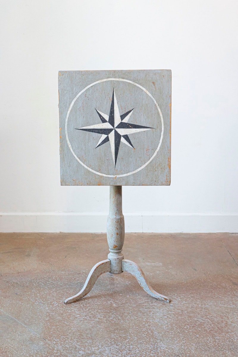 Swedish 1850s Grey Painted Guéridon Pedestal Side Table with Wind Rose Motif - JAA