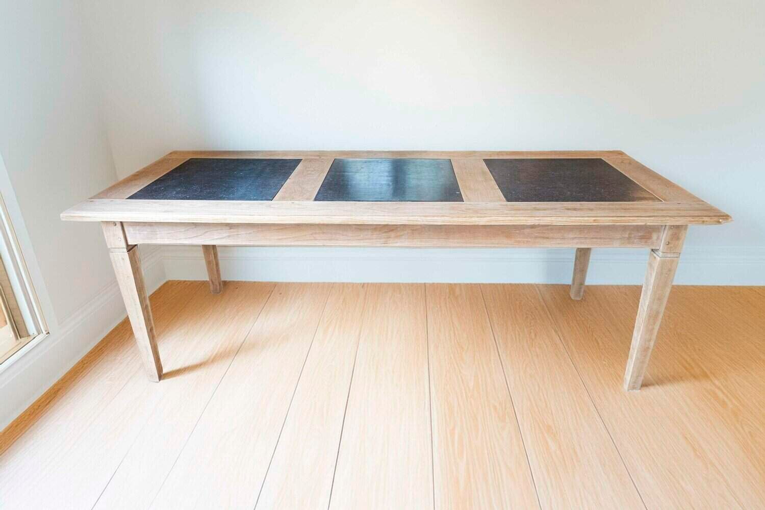 Southern French Midcentury Natural Oak Dining Table with Fossil Black Marble Top - JAA