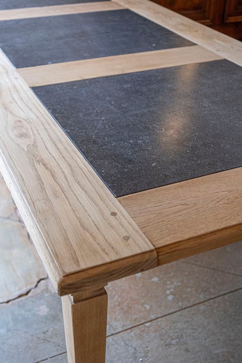 Southern French Midcentury Natural Oak Dining Table with Fossil Black Marble Top - JAA