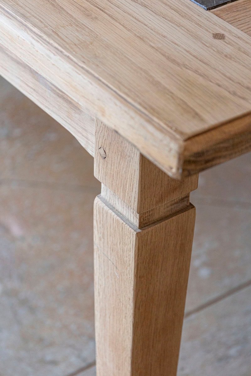 Southern French Midcentury Natural Oak Dining Table with Fossil Black Marble Top - JAA