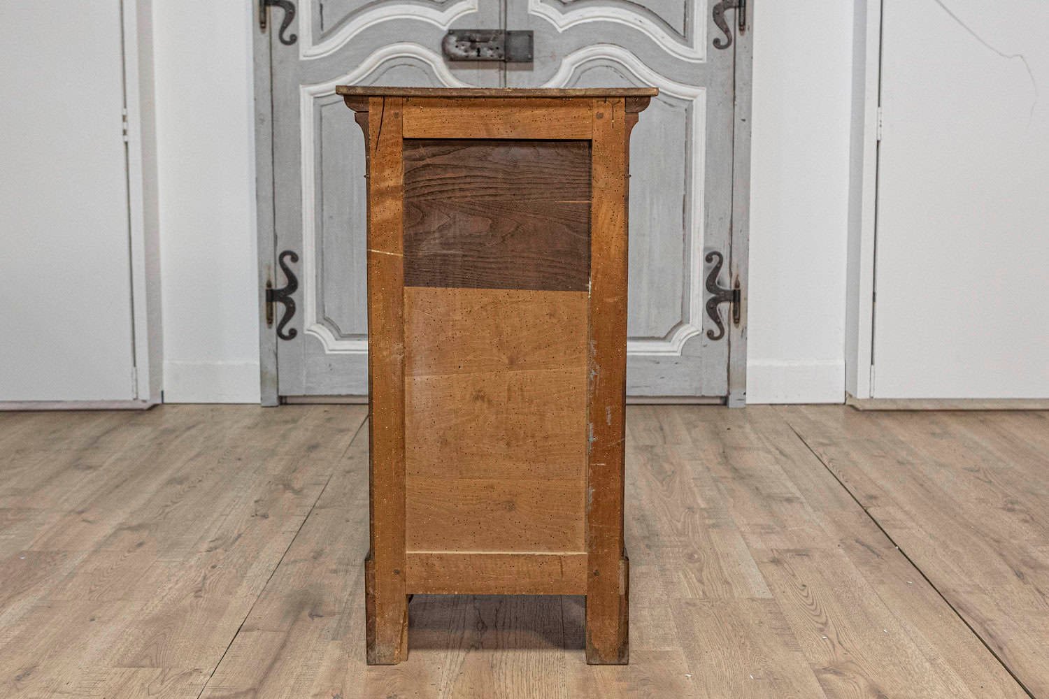 Italian 19th Century Walnut Bedside Table with Drawer over Door, Carved Motifs - JAA